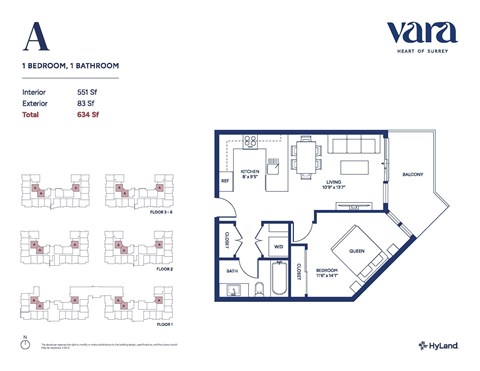 Floor plan for 1 bed, 1 bath, 551 sqft